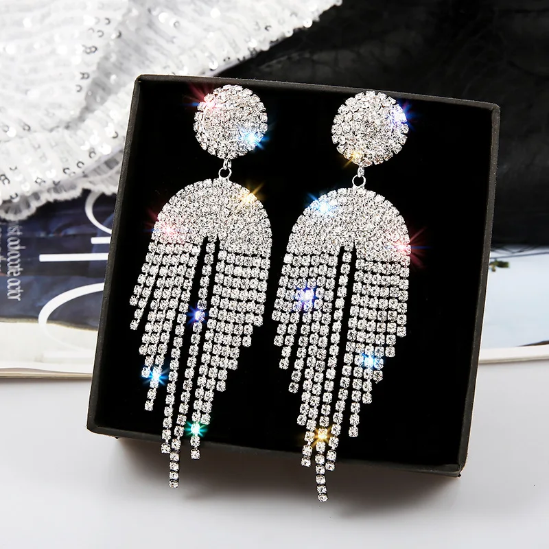 

Fashion Bridal Wedding Jewelry Tassel Stud Sliver Chandelier Statement Rhinestone Tassel Earrings