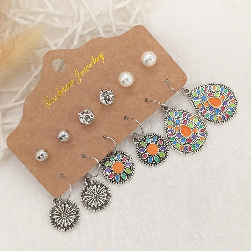 

European and American pop earrings six-piece set retro bohemian alloy rice beads leaf tassel earrings