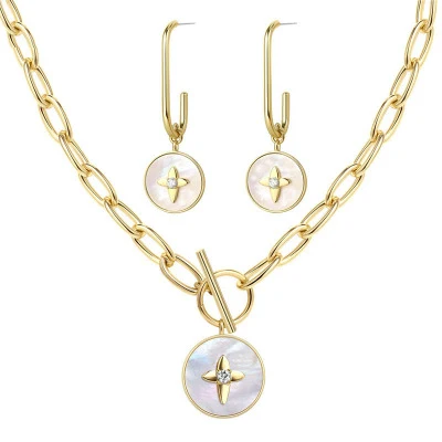 

Duoying Natural Zircon Gold Plated Jewelry New Women Fashion Elegant Gift Pendant Necklace Earrings White Shell Jewelry Set