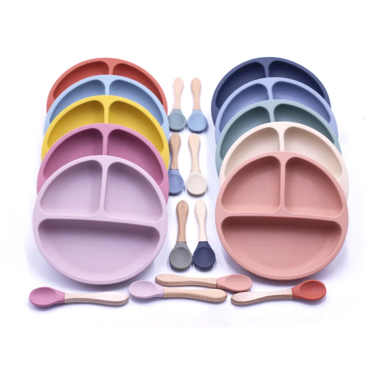 

Wholesale Baby Feeding Round shaped Silicone dinner plates for children with spoon