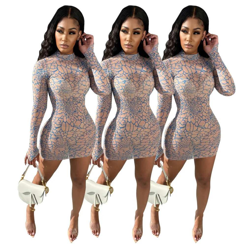 

2021 spring new products fashionable sexy fashionable net yarn printing zipper dress, 1 colors