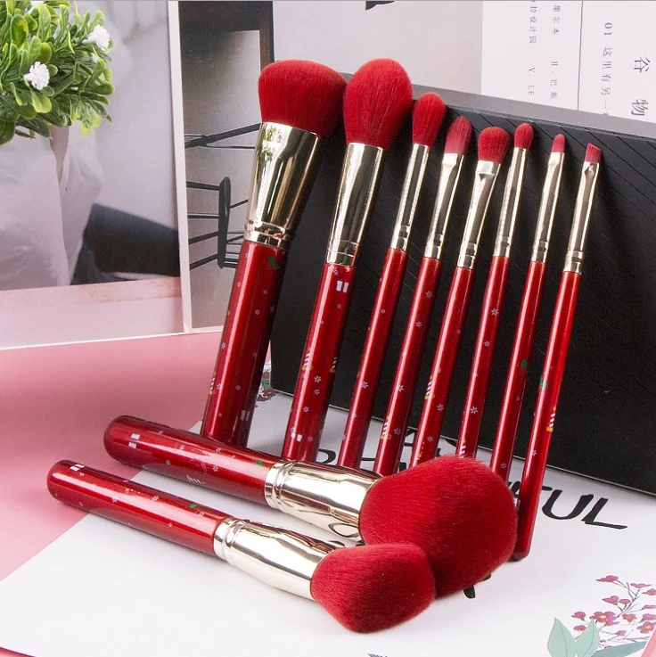 

New 10 Christmas festival makeup brush set luxury big red fiber hair makeup brushes private label