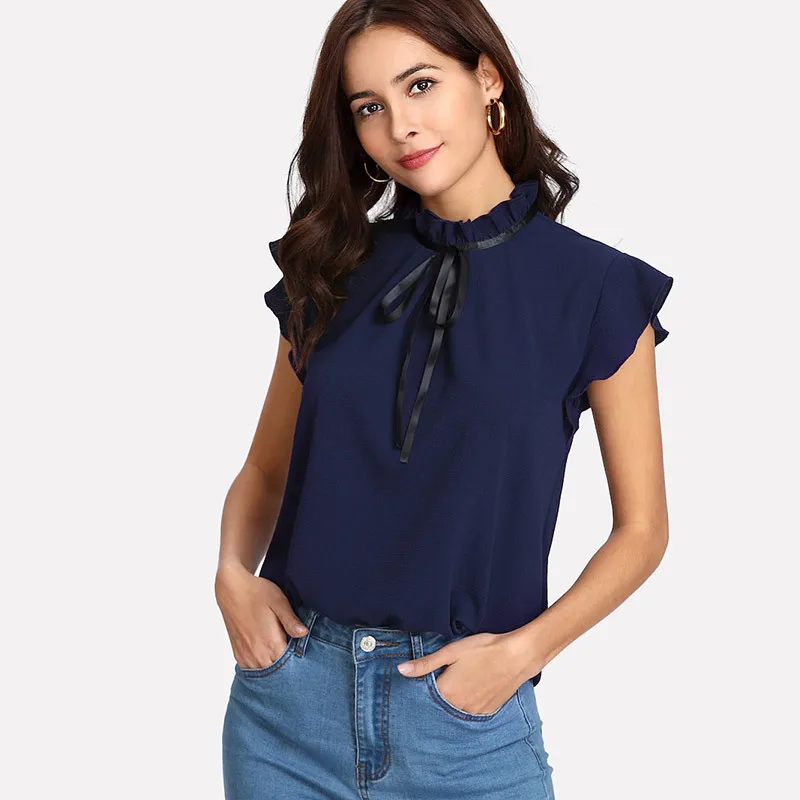 

Womens Tops And Blouses 2019 Women's Casual Elegant Cap Sleeve Bow Tie Shirt Solid Chiffon Blouse Tops Camisas Mujer New