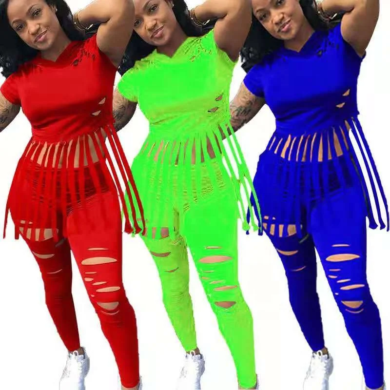 

S-4XL Lady 2 PCS Outfit Tracksuit Tassels Hoodies Cutout Pants Sexy Casual Plus Size Women Two Piece Set