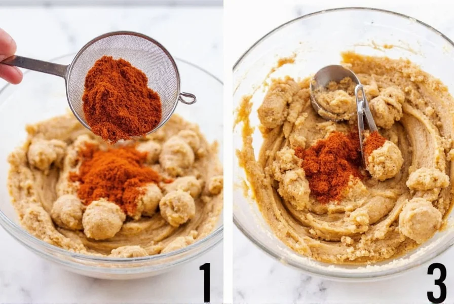 Step-by-step process showing chili powder being sifted into cookie dough with measuring spoons