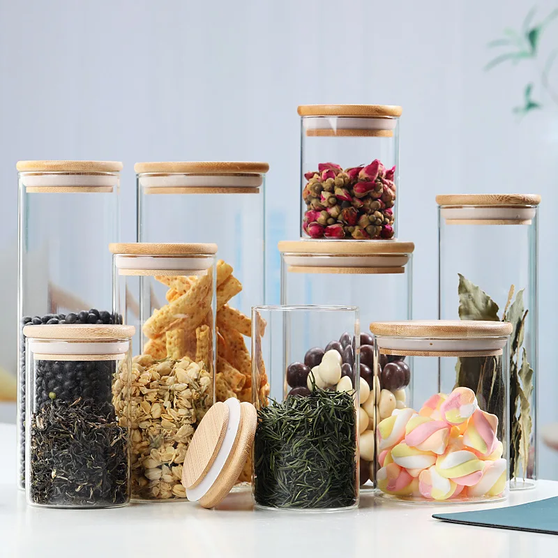 

Custom Round Empty Borosilicate Kitchen Pasta Candy Spice Food Glass Storage Jar Containers with Airtight Bamboo Lids, Clear, custom requirements