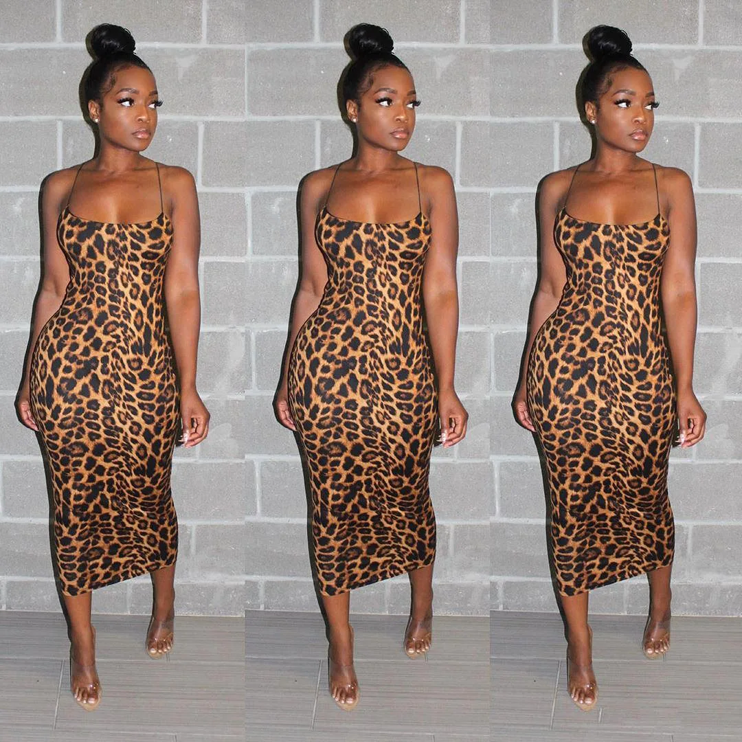 

2021 new arrival summer tank long bodycon dresses sleeveless Leopard long dresses women clothing wholesale