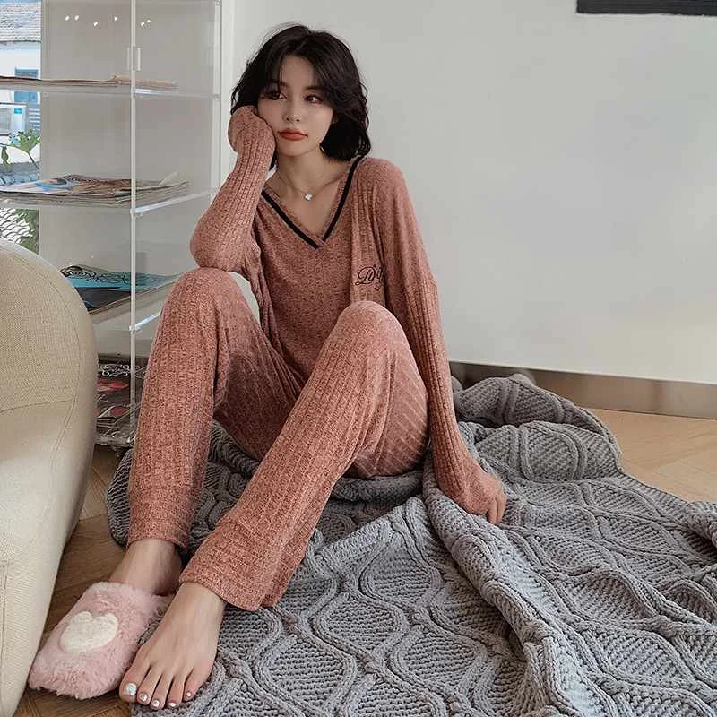 

Japanese new style spring and autumn ladies long-sleeved trousers suit casual sleepwear viscose fiber V-neck home service women, Required