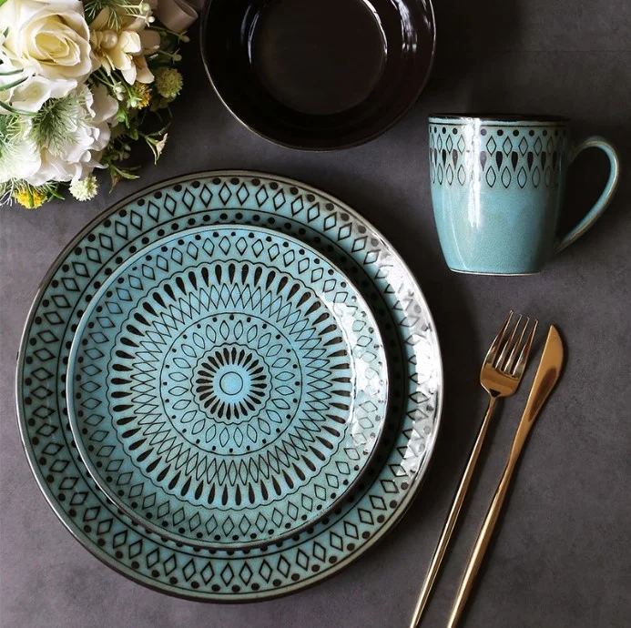 

Lake Blue Kiln Retro Ceramic Hand-Painted Western Restaurant Tableware Set