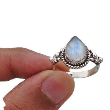 

925 Sterling Silver Rainbow Moonstone Ring  Gemstone Water Drop Rings For Women Gift Jewelry Charm