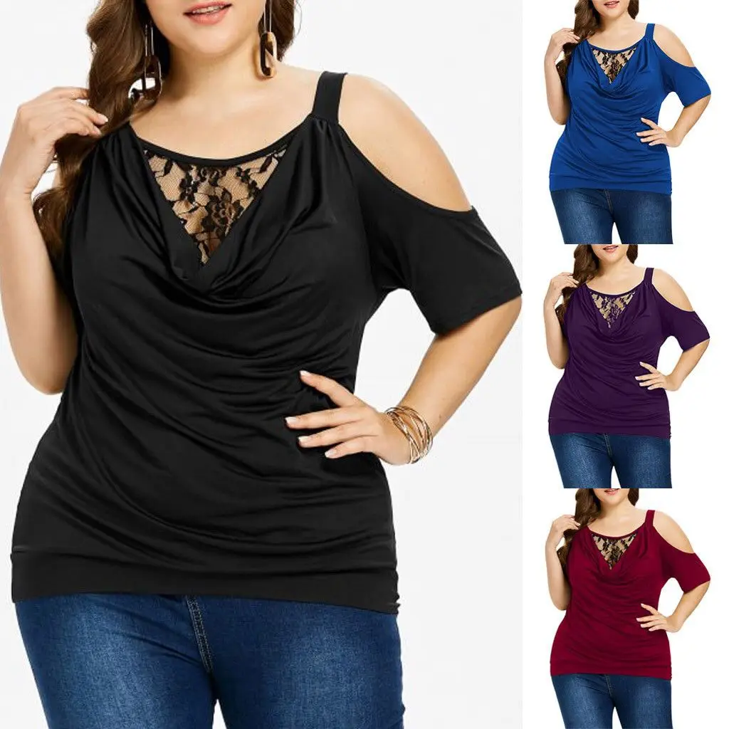 

Dropshipping Plus Size Women's Lace Cold Shoulder Top Solid Color Casual Round Neck Off Shoulder Women's Short Sleeved Coat, 4 colors