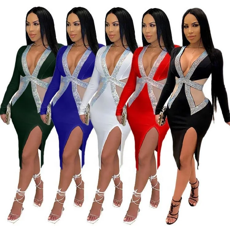 

Newest Design Fashion Sexy Deep V Neck Mesh Splice Hot Drilling Women Hollow Out Clubwear Evening Dresses