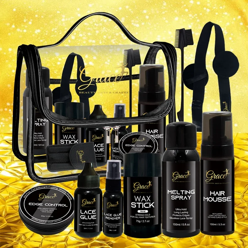 

Private Label Lace Glue Remover Wax stick Curly Hair Mousse Melting Spray Black Gold Lace Wig Install Kit with Travel Bag
