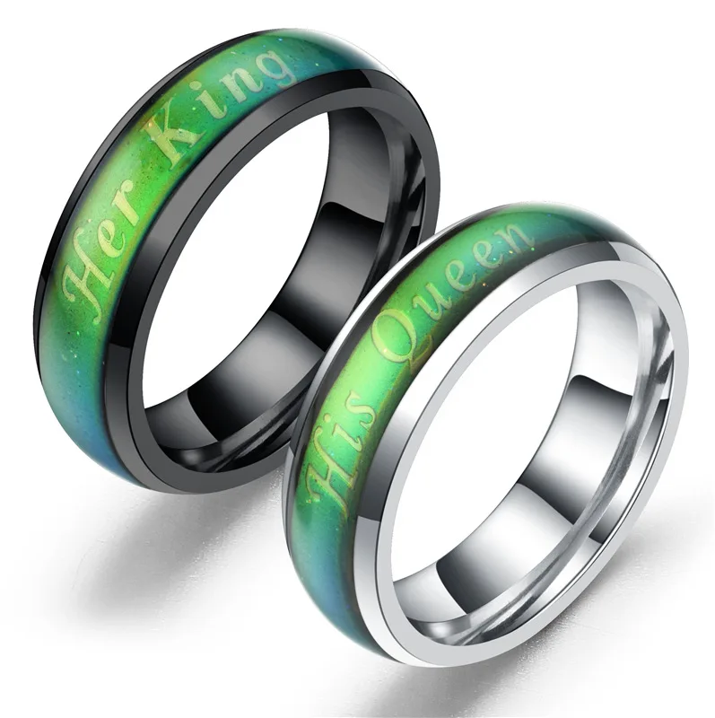 

her King his Queen couple steel cross mirror jewelry temperature change ring