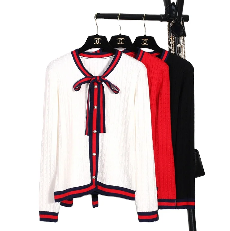 

Wholesale Cardigan Striped Edges with Butterfly Knot Ladies Autumn Winter women cardigan Sweater, Ivory;red;black