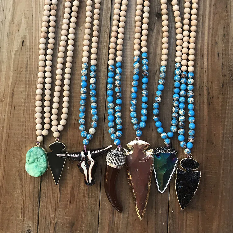 

NN1018 Fashion Long Wood and Imperial Jasper Beaded Necklace With Druzy Arrowhead Pendant