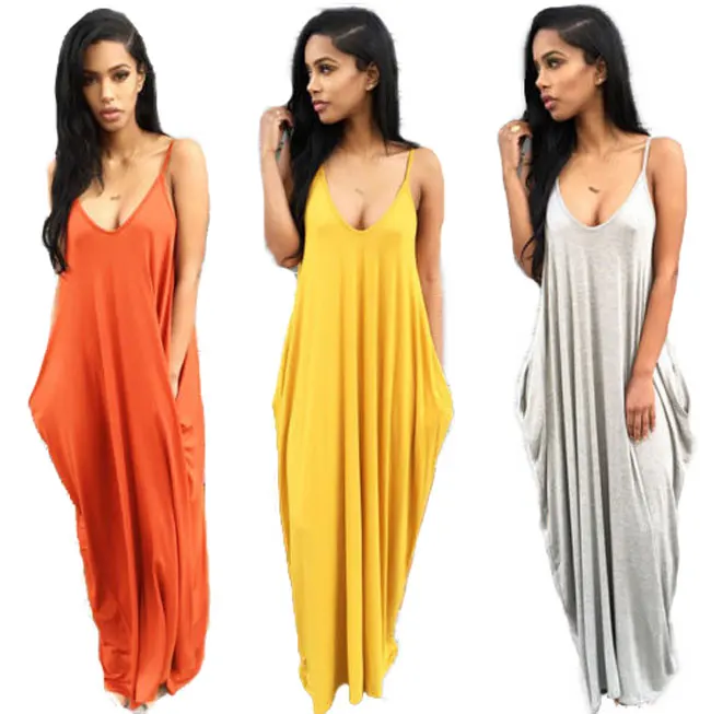 

20701-MX20 loose deep v suspender maxi dress women sehe fashion