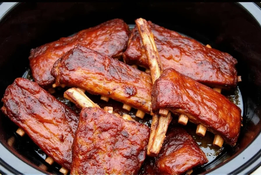 Perfectly cooked Dr Pepper ribs in slow cooker showing tender meat pulling away from bones with glossy glaze