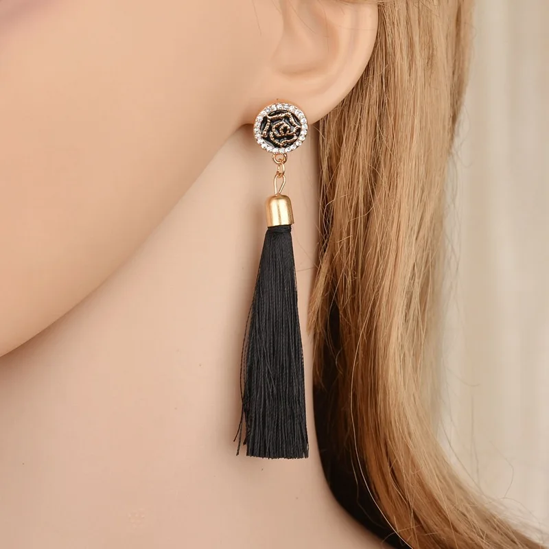 

Fashion Bohemian Tassel Crystal Long Earrings White Red Silk Fabric Drop Dangle Tassel Earrings For Women Jewelry, As pic show