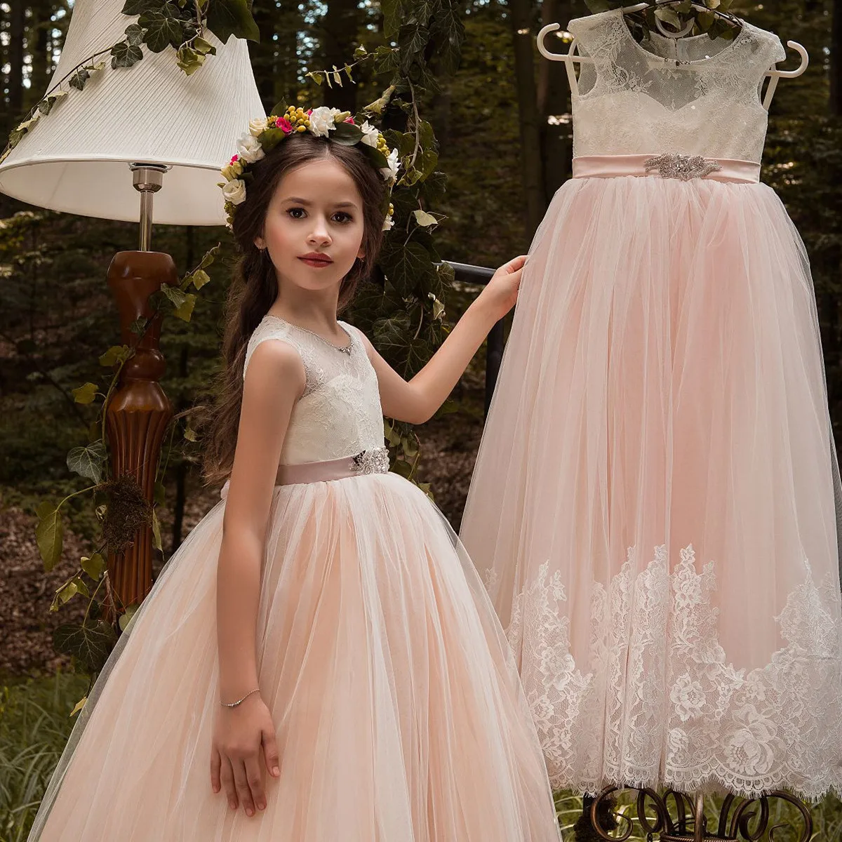 

OEM sweetheart long tulle party dress for girls latest kid fashion dress beaded sash blue flower girls dress for wedding