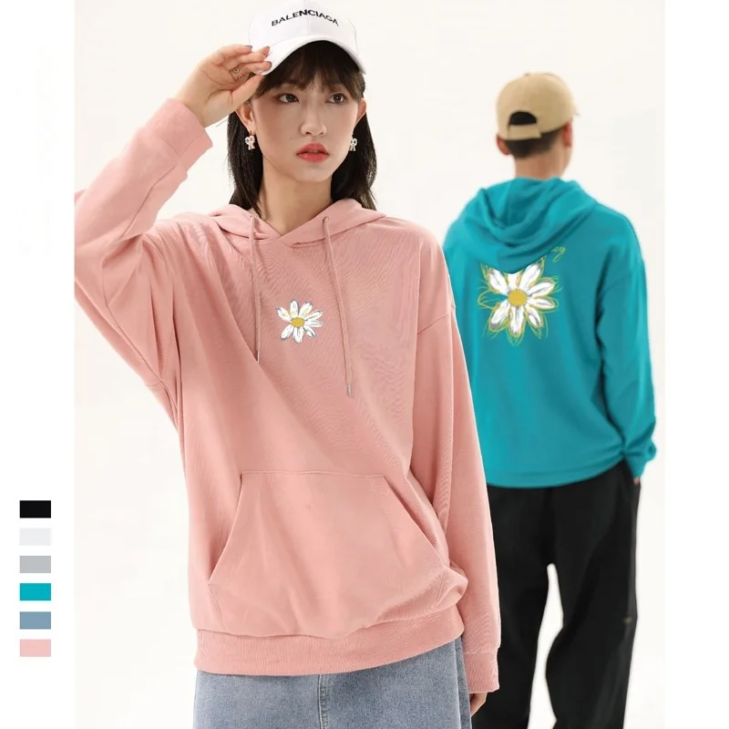 

High quality low MOQ cotton polyester cute long sleeve printed daisy flower loose fit graphic women's hoodies, Black,white, pink, ,light blue,gray,turquoise
