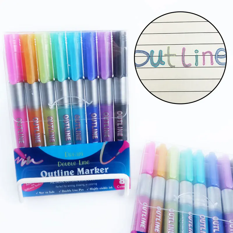 

Amazon DIY 8 /12 color set art drawing pen Greeting card Silver Glitter double line marker pen set Self-Outline Marker Pen