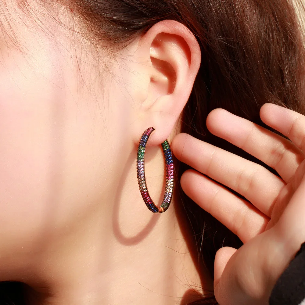 

Colorful zircon big hoop 18k gold plated earrings women, As pic