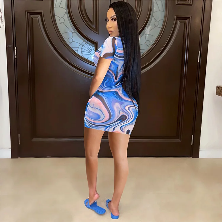 

Unique O Neck Printed Short Sleeve Wholesale Womens Mini Dress Women's Dresses Bodycon Sexy -PT, Blue