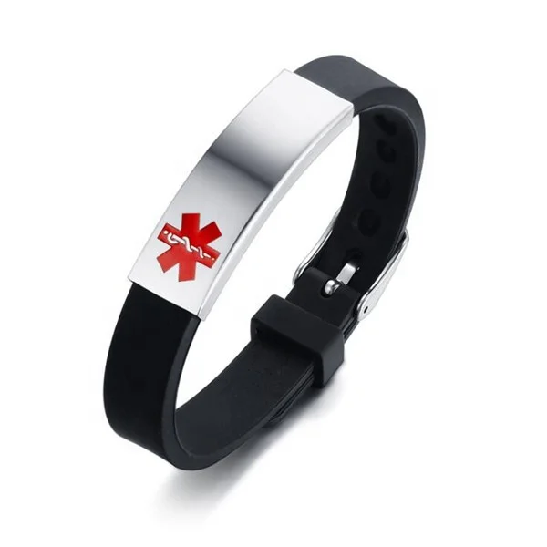 

Yiwu Aceon Stainless Steel Soft Rubber Silicone Adjustable Band ID Tag Engraved Red Medical Alert Bracelet