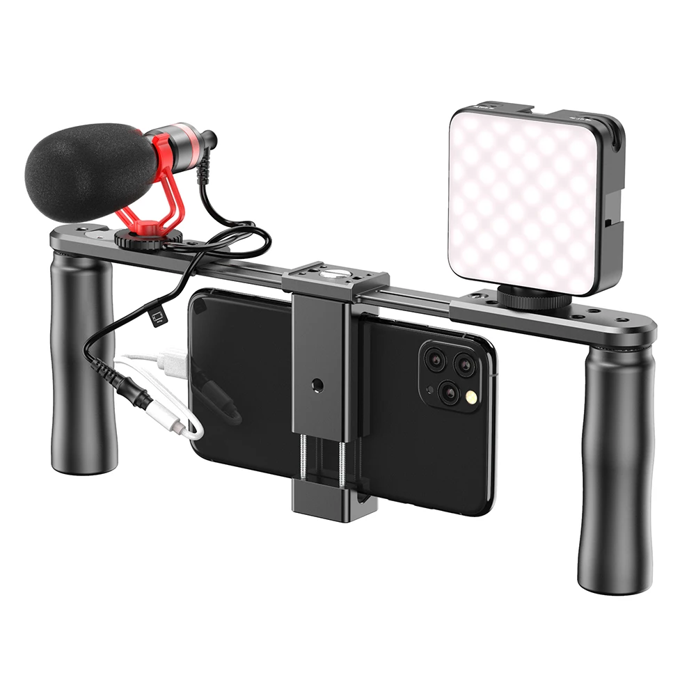 Apexel Custom Dual-handle Rig Phone Adjustable Stabilizer Phone Support Video Recording Rig for for Smartphone