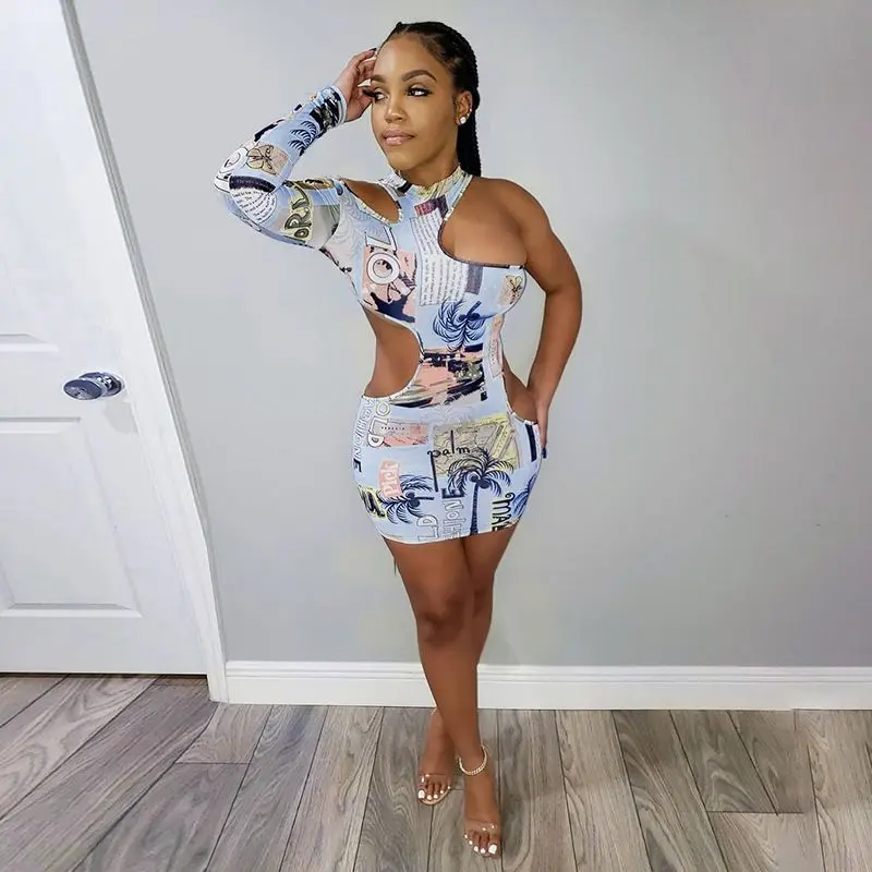 

2021 New fashion summer Women Hollow Out Printed dress women casual dresses