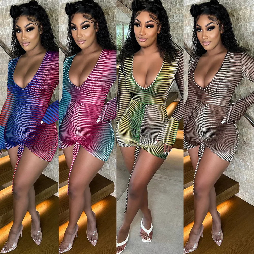 

2022 M01180 - fashion mesh see through transparent sheer drawstring bandage women dresses