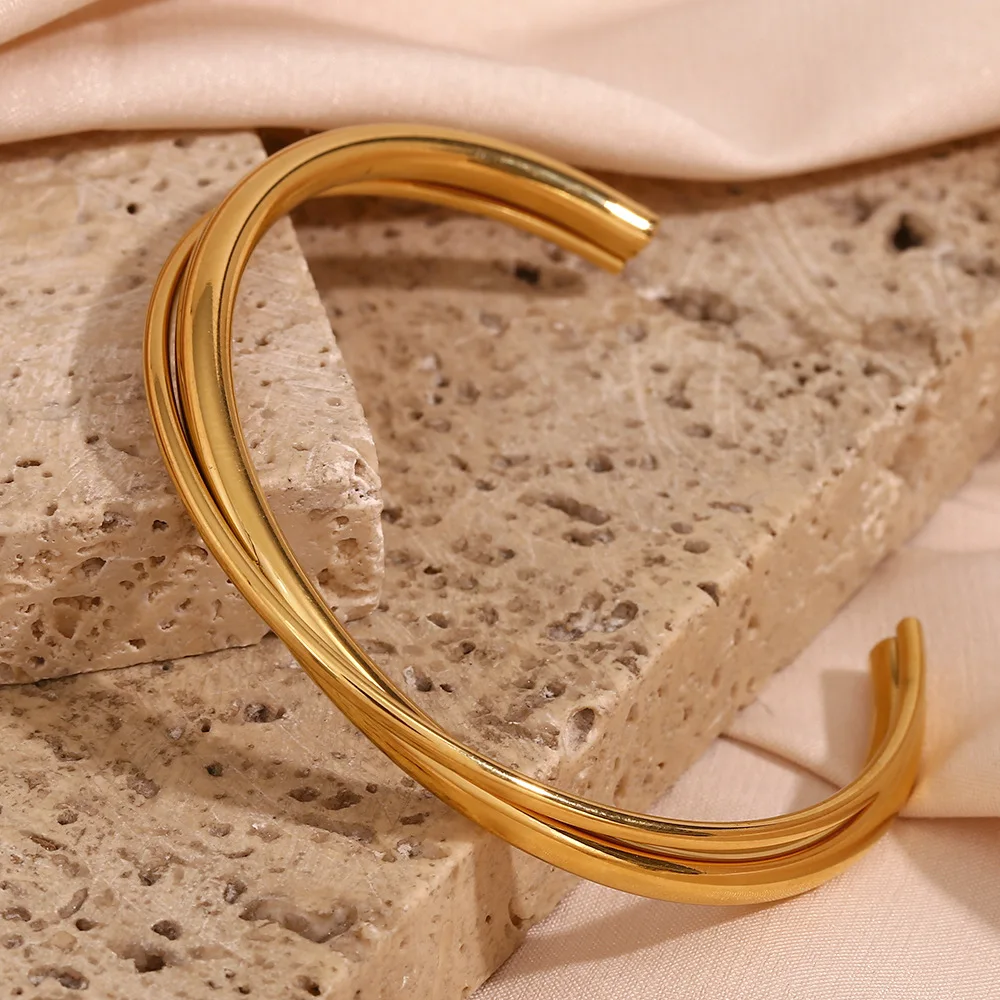 

Trendy Simple Stainless Steel Bangle Bracelet 18K PVD Gold Plated Stainless Steel Double Layer Cross Open Bracelet