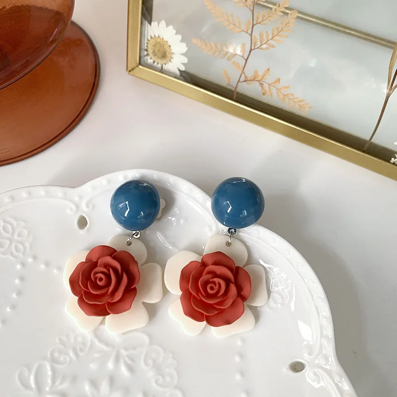 

JUHU 2021 Hot sale red flowers jewelry acrylic earring rose stud 925 silver needle earrings minor retro French resin earrings