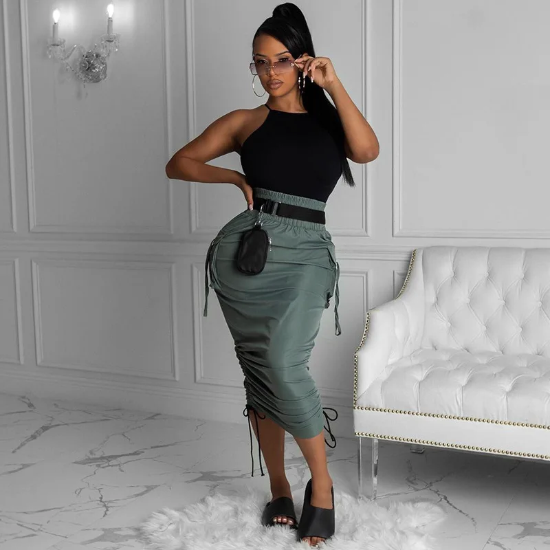 

GX20881 Fashion Summer skirt Vendor solid color Folds casual Drawstring Loose midi pockets Women skirt, Picture