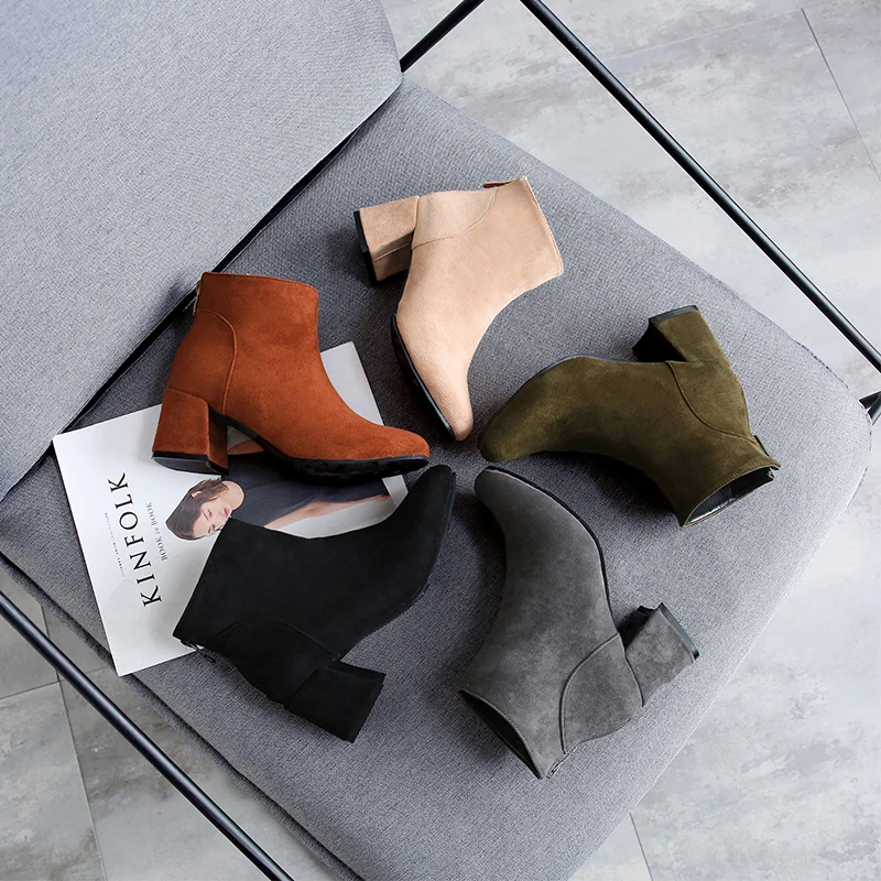 

Winter Narrow Square Head Women Commute Ankle Boots, Yellow/black/khaki/grey