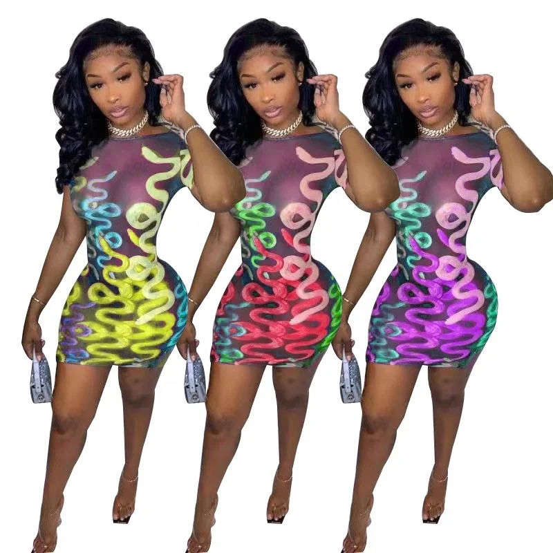 

Summer Mini Short Sleeve Womens Skinny Club Dresses Mesh See Through Printed Backless Slit Sexy Dress Women Bodycon