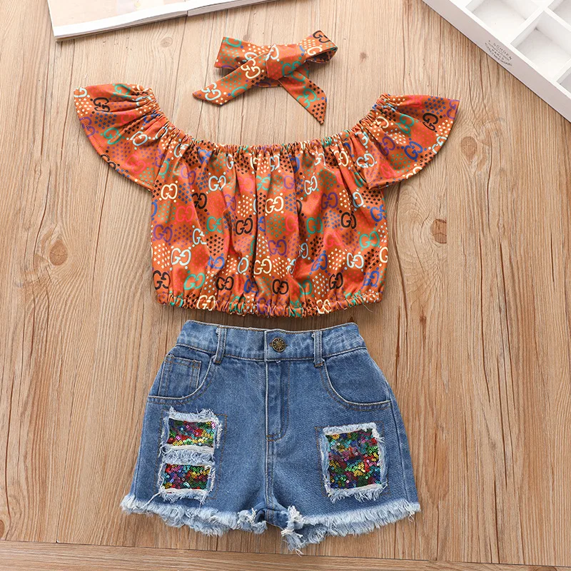 

2021 new product printed pullover denim shorts set Europe and America summer Three-piece children's clothing girls hot pants sui, Picture