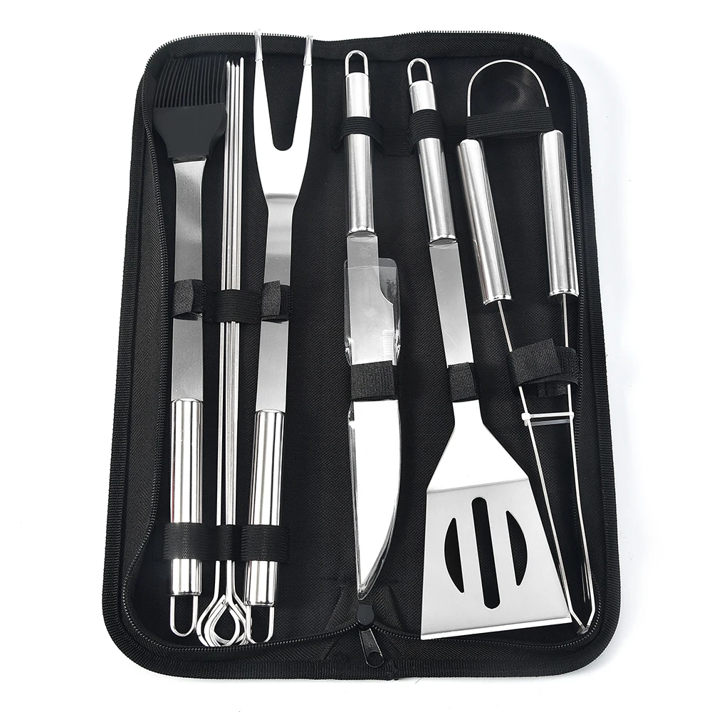 

9 pcs Oxford Cloth Bag Outdoor Customized Barbecue BBQ Grill Tools Set, Silver