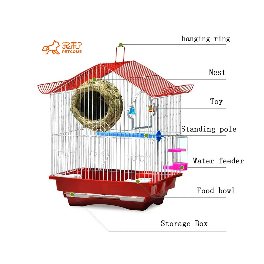 

PETCOME Lazada Popular Steels Small Outdoor Travel Fancy Canary Bird Cage Carriers WIth Accessories For Sale, Red & blue & green