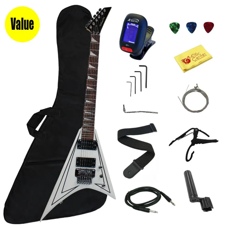 

Thin 6 string rosewood oem left handed white flying v shaped body electric guitar with strap pickups parts tuner cables bag