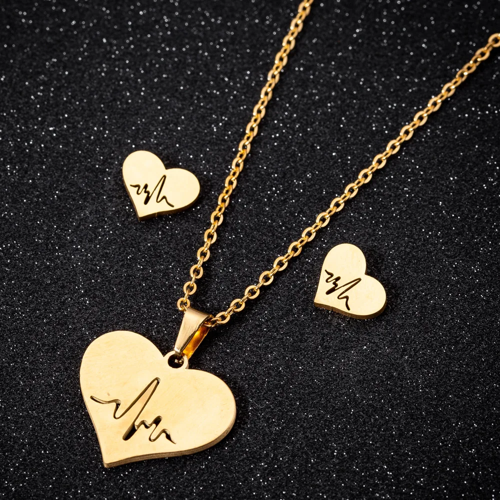 

Hot sale women Hollow out Love map necklace set Heartbeat ECG Stud Earrings 3 pcs suit stainless steel jewelry for girls