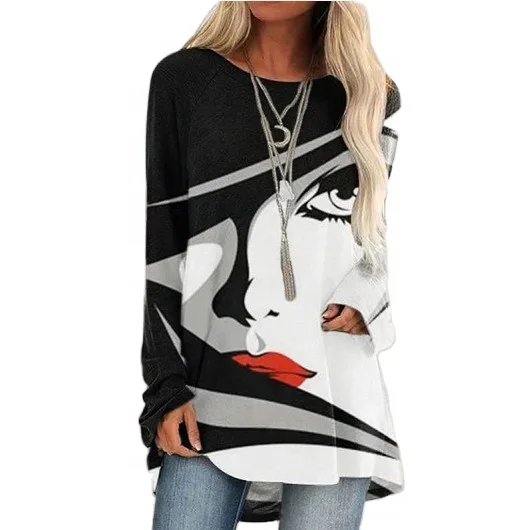 

Urban casual printing pullover long-sleeved round neck loose women's T-shirt