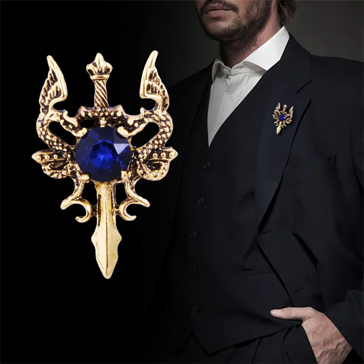 

Vintage Double Dragon Sword Gem Coat Pins Corsage Brooch Pin For Men's Suits, As the picture shown