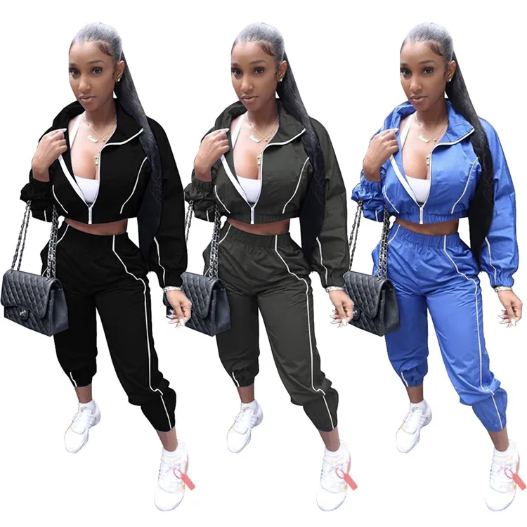 

MD-2021011923 2021 Spring Ladies Sport 2 Piece Set Long Sleeve Crop Jacket Sweatpants Jogging Women Sweatsuits, Picture color