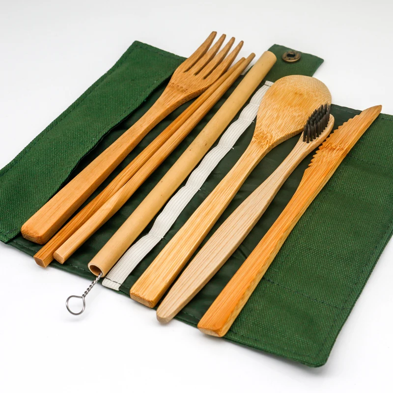 

Bamboo Utensils Cutlery Set Reusable Cutlery Travel Set Portable Utensils with Bag With Bamboo Spoon Fork Knife Brush Chopsticks, Natural color