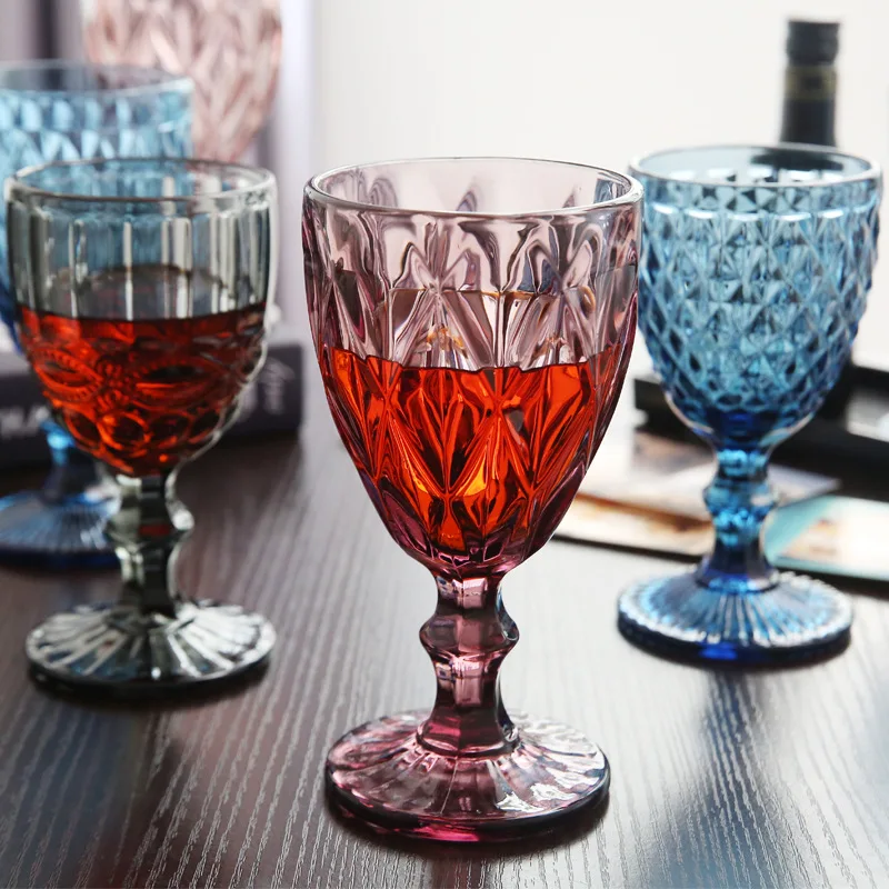 

Ins Hot Selling Glassware Colored Goblet Wine Glasses Water Glass Pressed Blue Glass Goblets, Picture