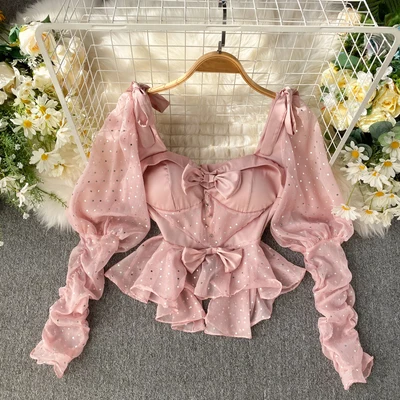 

2020 French Design Women Fashion Sequined Short Blouse Tops With Bow