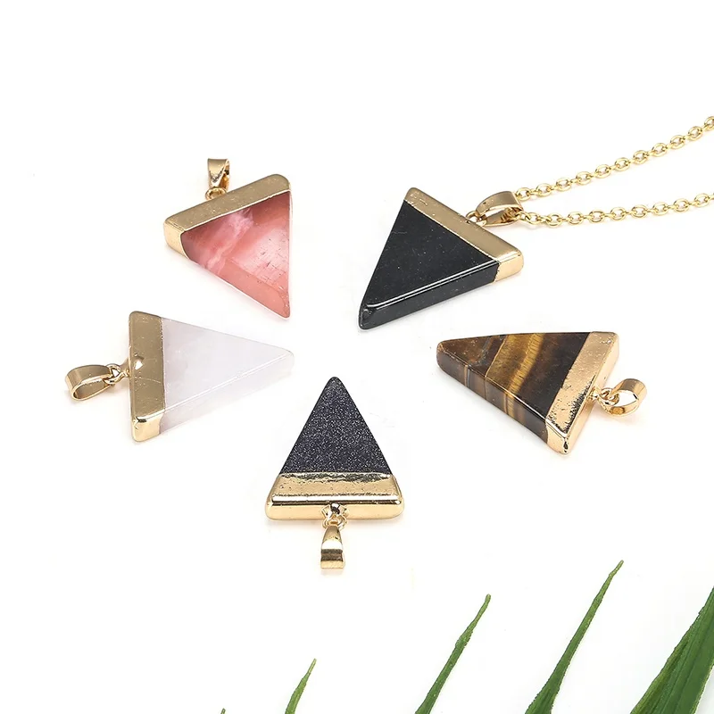 

Triangle Gemstone Pendants for Jewelry Making Cherry Quartz Tiger Eye Blue Sandstone Black Agate Crystal Gold Dipped Charm