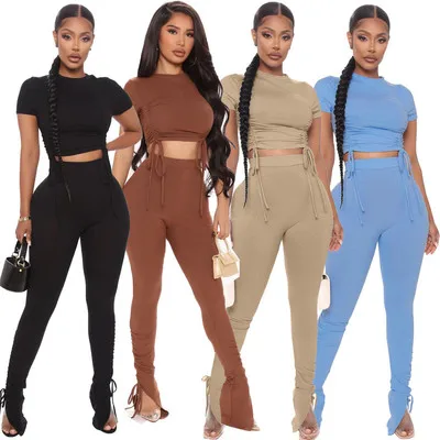 

7 days fast delivery 2021 fashion trendy for women short knit crop top and long pants solid color two piece set outfits, Custom colors